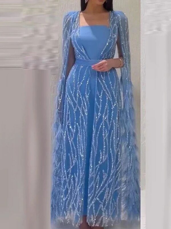 2024 New Elegant Chic Banquet Evening Dress Ladies Square Neck Shawl Waist Long Dress Solid Color Satin Tassel Double Dress