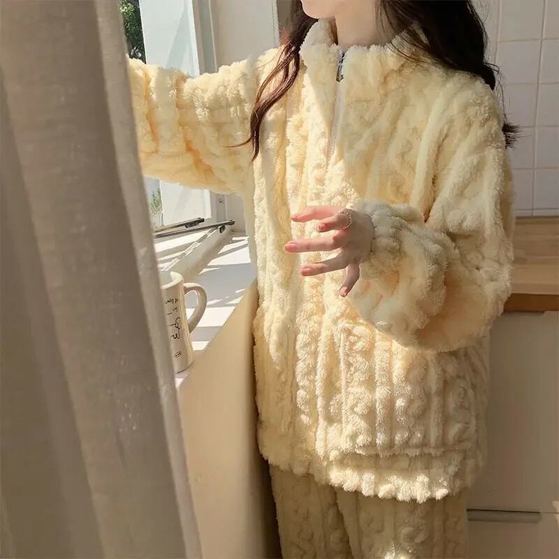 ชุดนอนผ้าคอรัลฟลีซสำหรับผู้หญิง, ชุดนอนมีซิปเสื้อคาร์ดิแกนอบอุ่นสำหรับใส่อยู่บ้านคอตั้งฤดูใบไม้ร่วงฤดูหนาวปี2024