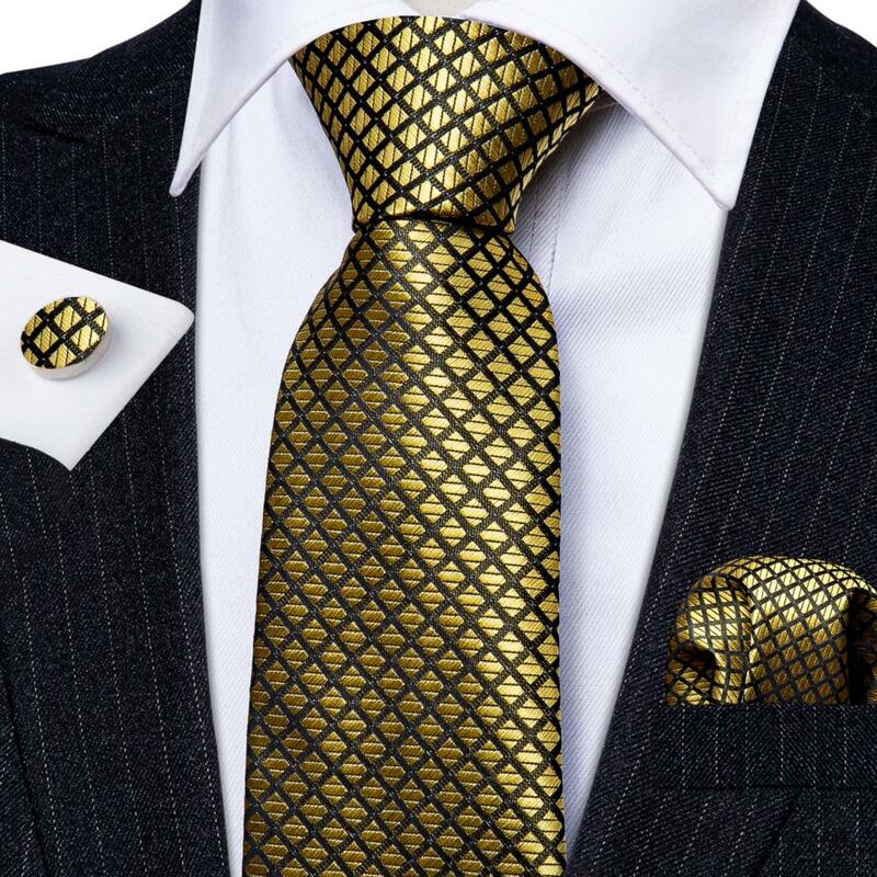 Barry.Wang Jacquard Plaid Silk Men Tie Hankerchief Cufflinks Set Designer Checked Necktie for Male Wedding Business 50 Colours