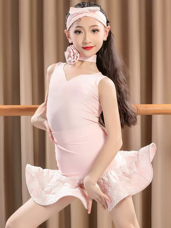 Pink Kids Girls Latin Dance Flower Bodysuit and Skirts Training Practice Dancewear Cha Cha Rumba Samba Competition Clothing