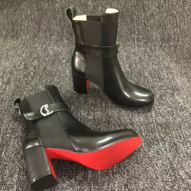 Botas de fondo rojo de lujo para mujer, botines sexys de tacón cuadrado con punta redonda, banda elástica, tacón alto negro y suela roja, novedad de 2023