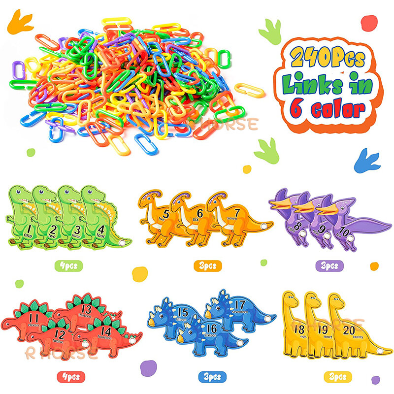 260 buah dinosaurus link c-klip kait rantai dengan kartu untuk anak-anak mainan sensorik Motor pelatihan alat bantu mengajar prasekolah pembelajaran dini