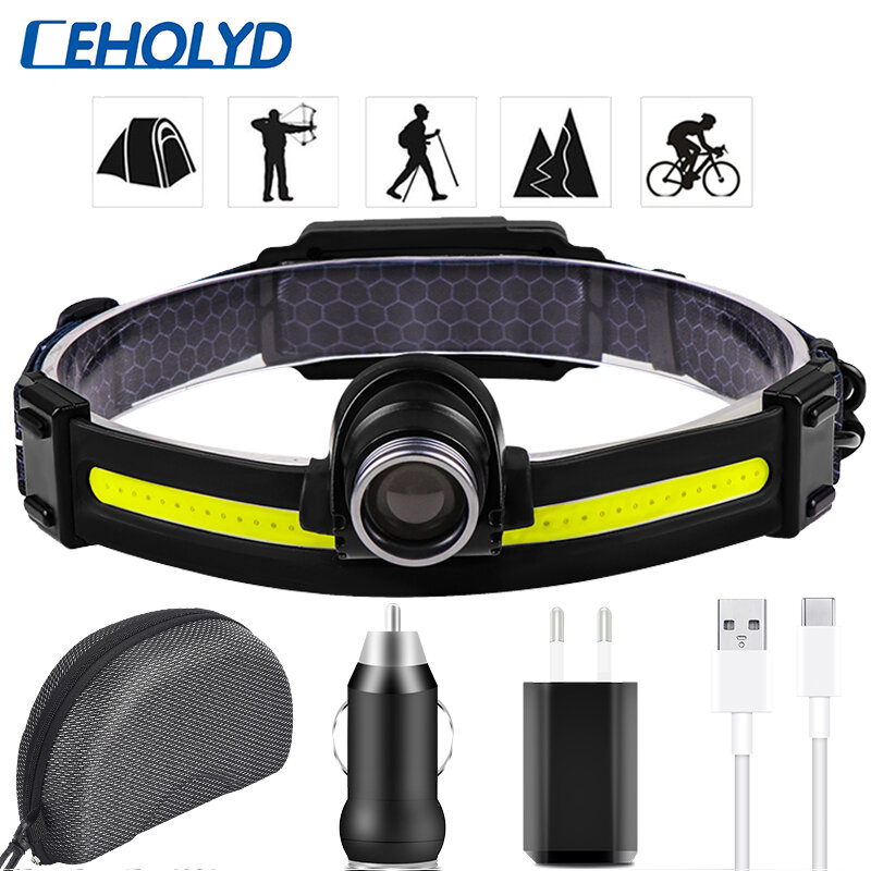 Ceholyd LED Headlamp Sensor COB Headlight with Built-in Battery Flashlight USB Rechargeable Head Lamp Fishing Torches Work Light
