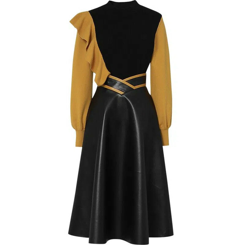 Suéter de lana con carácter para mujer, camisa de fondo, traje de falda de cuero negro, novedad de primavera y otoño, 2022