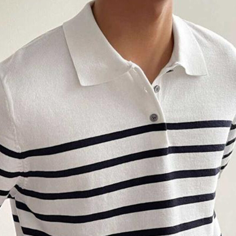 Streetwear kaus Polo pria, atasan rajut lengan pendek kerah Polo berkancing bergaris bercetak untuk lelaki