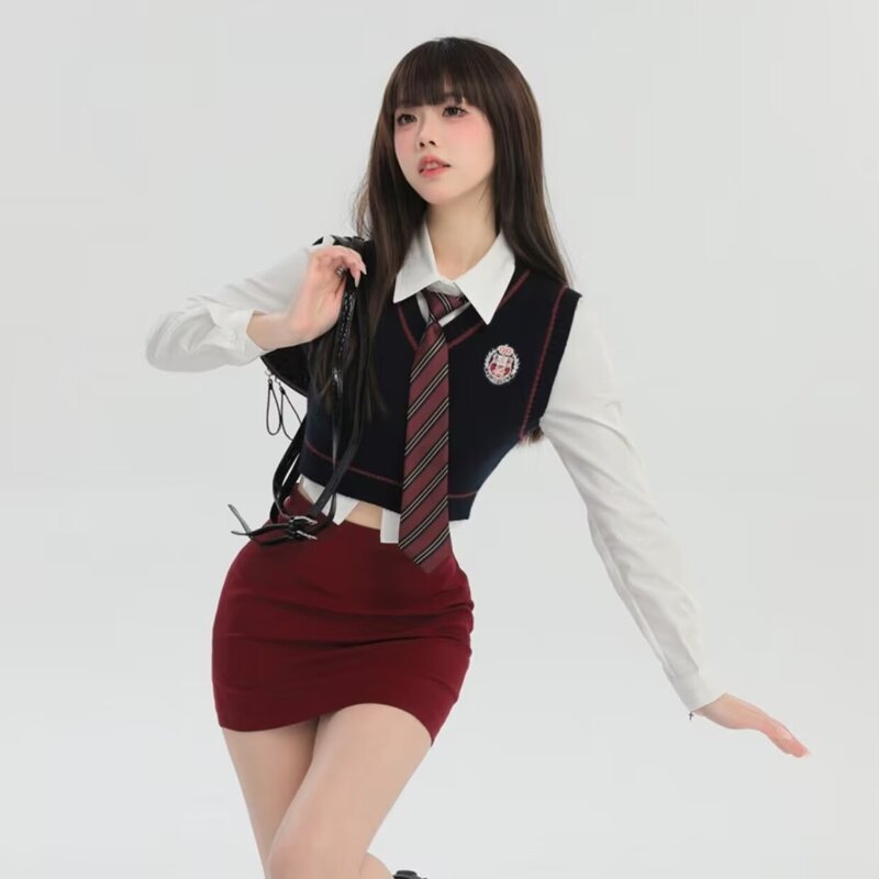 Seragam sekolah gaya Jepang Korea, Jk gadis panas Mode Korea ditingkatkan seragam sekolah rok rompi rajut Set tiga potong