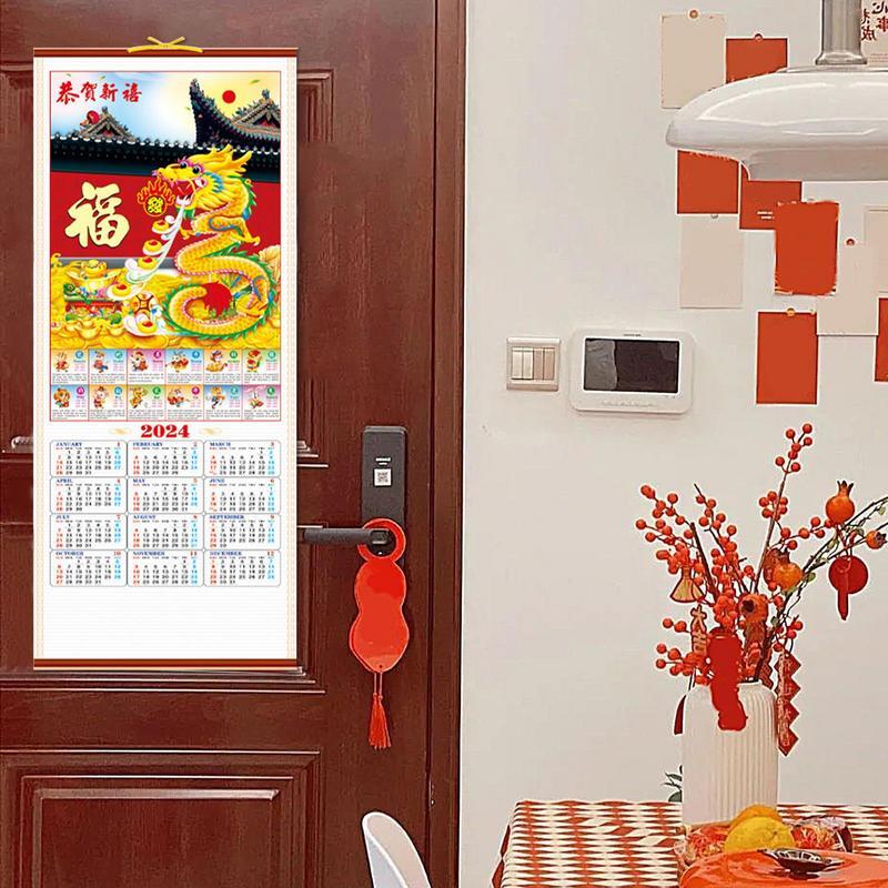 Chinese Dragon Calendar 2024 Monthly Calendar 2024 Spring Festival Decor Calendar Scroll For Wall School Home Apartment