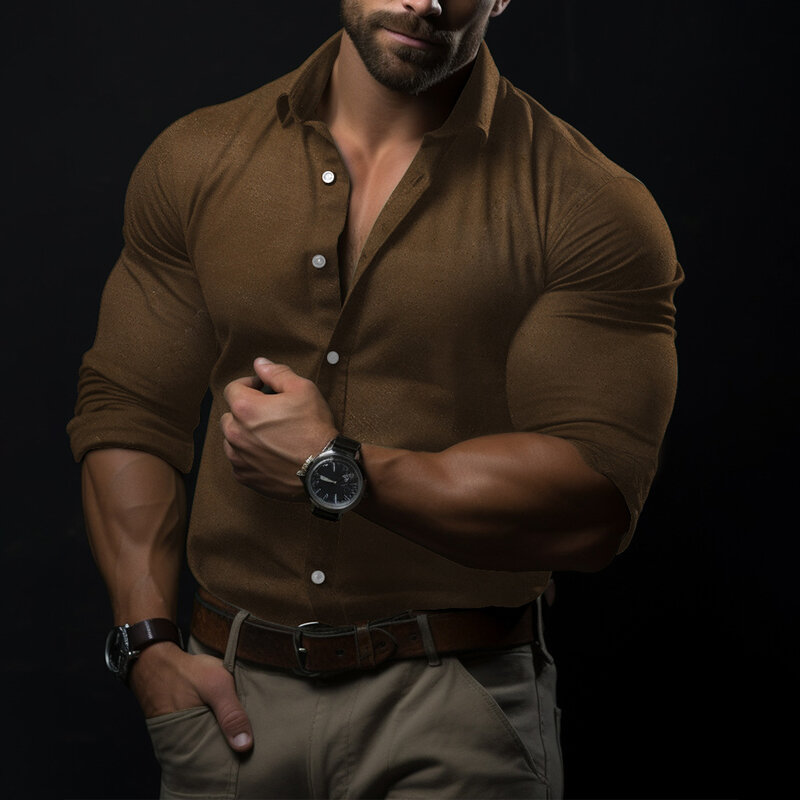 Botão masculino para baixo Fitness lapela manga longa camisa de blusa, festa masculina T vestido de poliéster banda gola camisa, botão para baixo