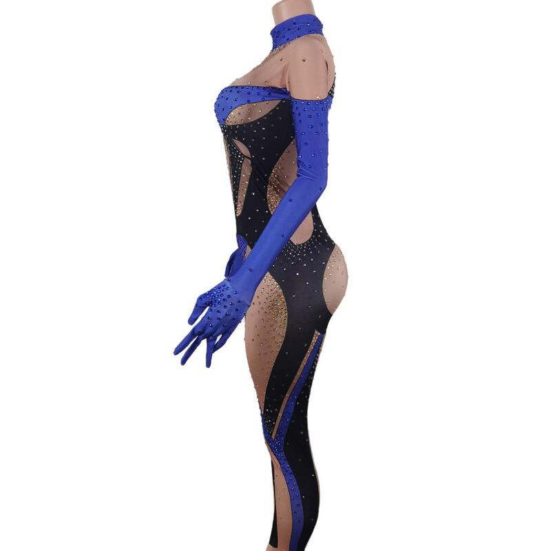 Blauwe Zwarte Stenen Jumpsuit En Handschoenen Vrouwelijke Eendelige Performance Leggings Verjaardag Cosplay Dans Spandex Outfit Lanmo