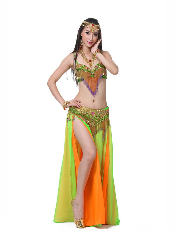 Belly Dance Suits Stage Performance Costumes Colorful Heavy Industry Tassel Sequins Two-Piece Bra + Skirt+Waist、 Accessories