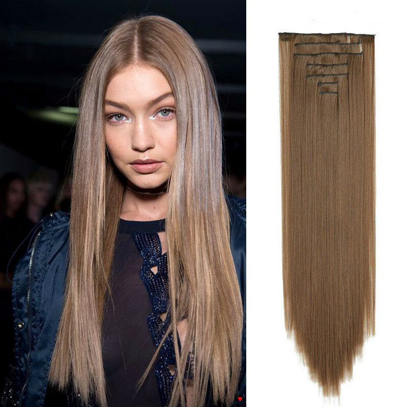 Синтетические удлинители волос с 7 зажимами, длинный прямой парик, прическа, черная, коричневая, блондинка, 56 см, Натуральные Искусственные волосы для женщин
