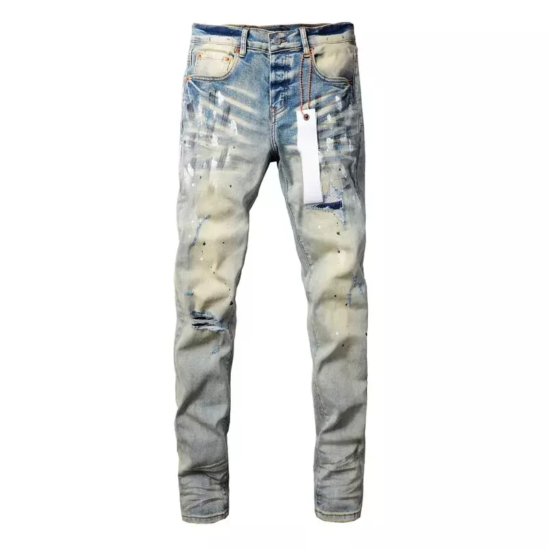 Jeans con marchio viola, vernice stradale superiore, fori strappati, riparazioni invecchiate, pantaloni in denim skinny rialzati bassi