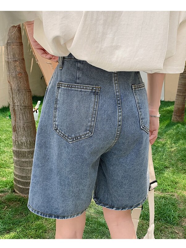 Shorts jeans de cintura alta feminino, shorts finos e soltos, pernas largas, L29, monocromático, calça curta feminina, moda verão, novo, 2024