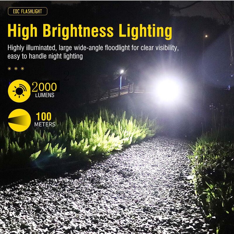 Mini UV LED Keychain Flashlight Portable USB C Rechargeable Work Light 2000 lumens Torch with Clip Camping Lantern