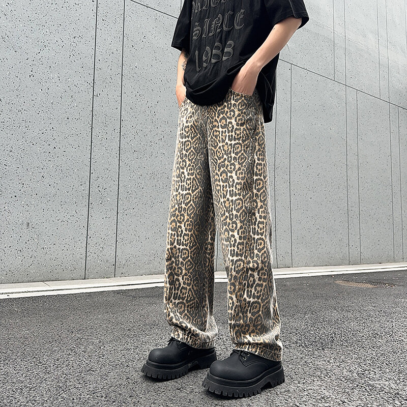 Jeans jeans leopardo de rua masculina, calça reta longa, casual estilo coreano, streetwear hip-hop, qualidade