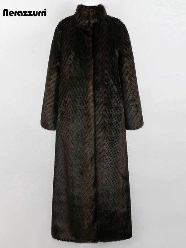 Nerazzurri-abrigo de piel de visón sintética para mujer, largo y grueso abrigo Extra, elegante, a rayas, con cuello levantado, 2022