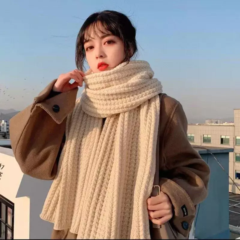 Зимний плотный теплый вязаный шарф для женщин и мужчин, однотонный корейский теплый длинный шарф большого размера, рождественские и новогодние подарки унисекс
