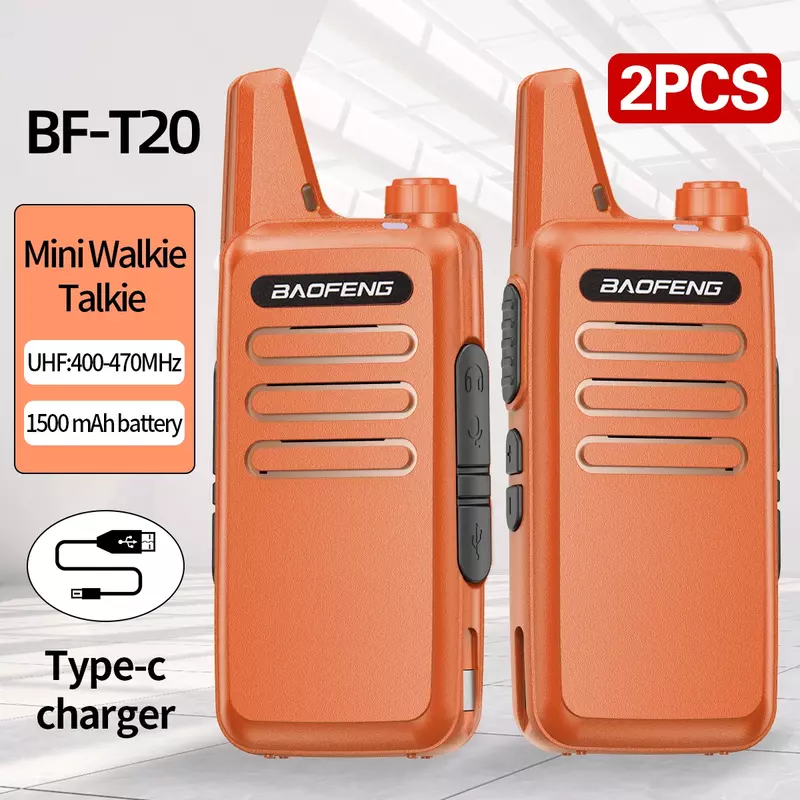 Baofeng Walkie Talkie Mini BF-T20, 1/2 buah isi ulang UHF 400-470MHz USB tipe-c BF-888S portabel Ham Radio dua arah untuk berburu