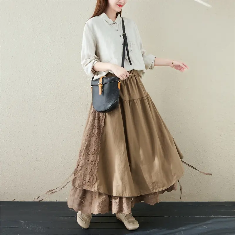 Jupes longues japonaises en coton et lin pour femmes, vintage, à lacets, ligne A, douce, élastique, taille haute, Lolita, plissée