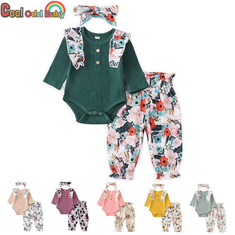 Set jumpsuit bayi perempuan baru lahir, pakaian bayi perempuan musim semi musim gugur 2024, jumpsuit Romper Ruffles bunga dan celana pita bandana pakaian bayi