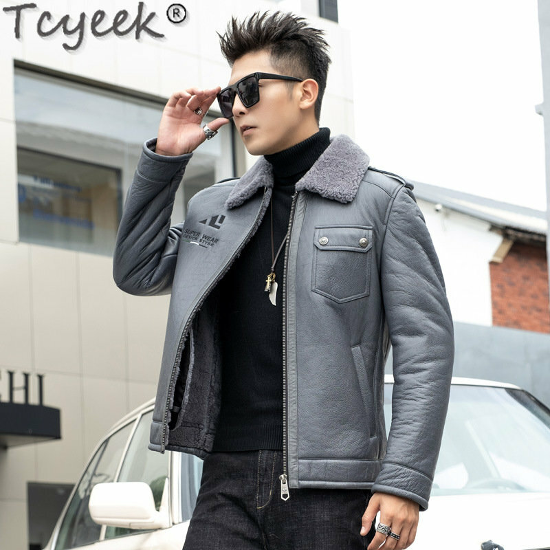 Tcyeek-Casaco de pele de carneiro de couro genuíno masculino, jaqueta de pele real, casacos naturais, roupas quentes curtas, alta qualidade, moda inverno