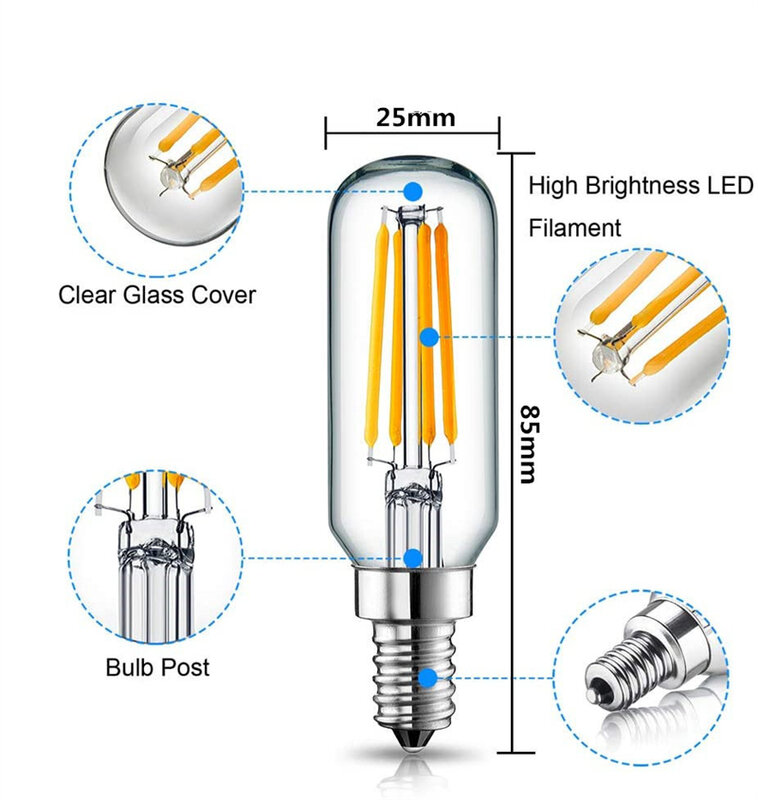 Lâmpada de filamento para exaustor, lâmpada LED, extrator, quente, branco, iluminação, luz LED, E14, T25, 4W, 8W, 12W, 220V