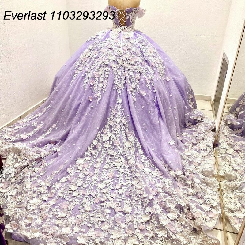 Evlast Glitter Lavendel Quince anera Kleid Ballkleid 3d Blumen Applikationen Spitze Perlen Korsett süß 16 vestido de 15 Anos tqd312