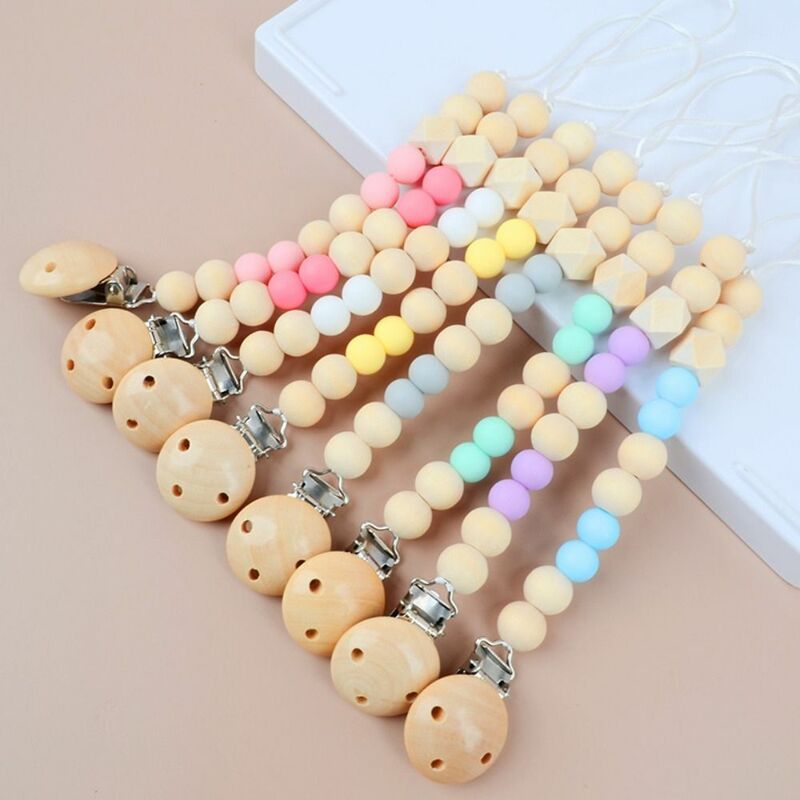 Wood Pacifier Holder Clips Round Space Beads Dummy Clips Baby Pacifier Chain Soother Holder Nipple Holder Clips
