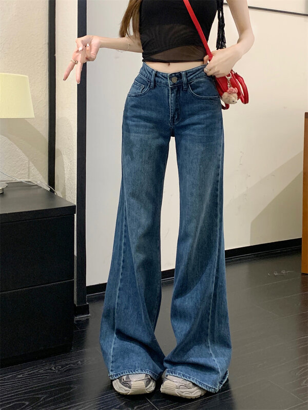 Женские свободные длинные джинсы-клеш с высокой талией