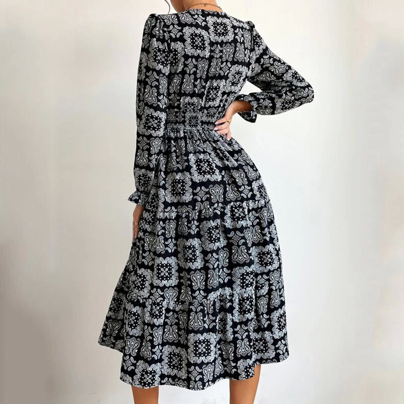 Женское платье макси с длинным рукавом, повседневное элегантное платье с винтажным принтом, V-образным вырезом, в стиле бохо, Осень-зима 2021