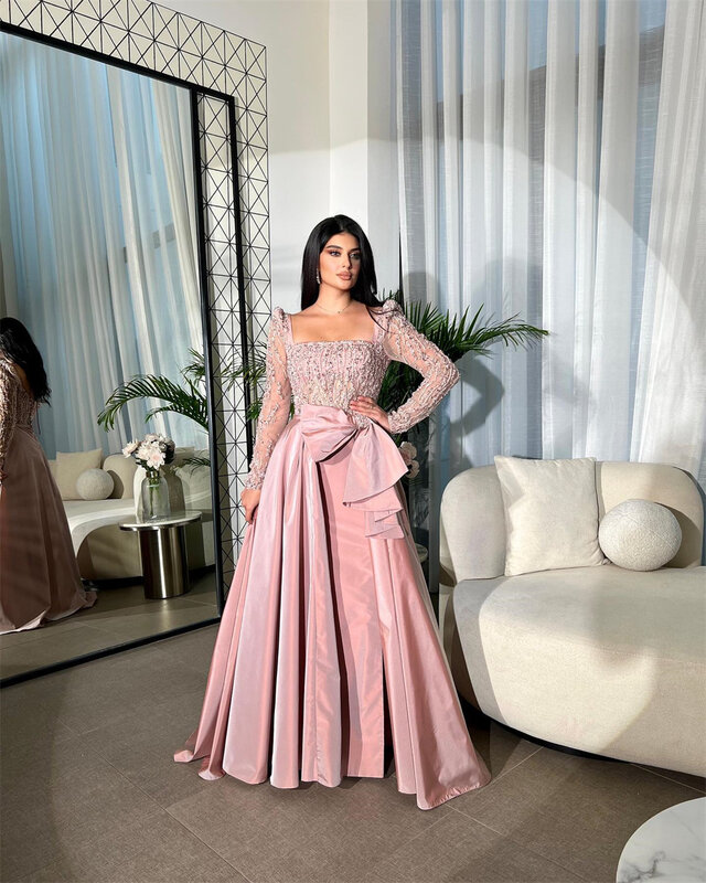 Prom Dress Evening Saudi Arabia Satin Sequined Beading Ruched Celebrity A-line Square Neck Bespoke Occasion Gown Long Dresses