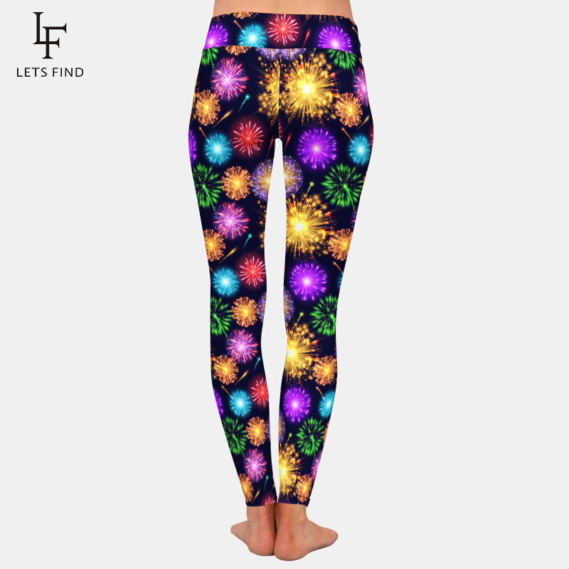 Letsfind 2020 nova chegada calças femininas bonito 3d colorido fogos de artifício imprimir leggings de fitness cintura alta magro leggings