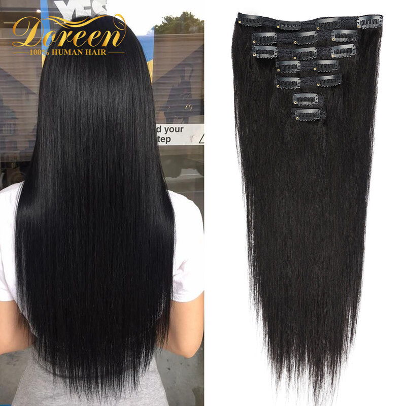 Extensões desenhadas dobro do cabelo humano para mulheres, cabelo natural do grampo, fins grossos, cabelo fino, Doreen, 16 ", 40cm, 120g, 7 PCes