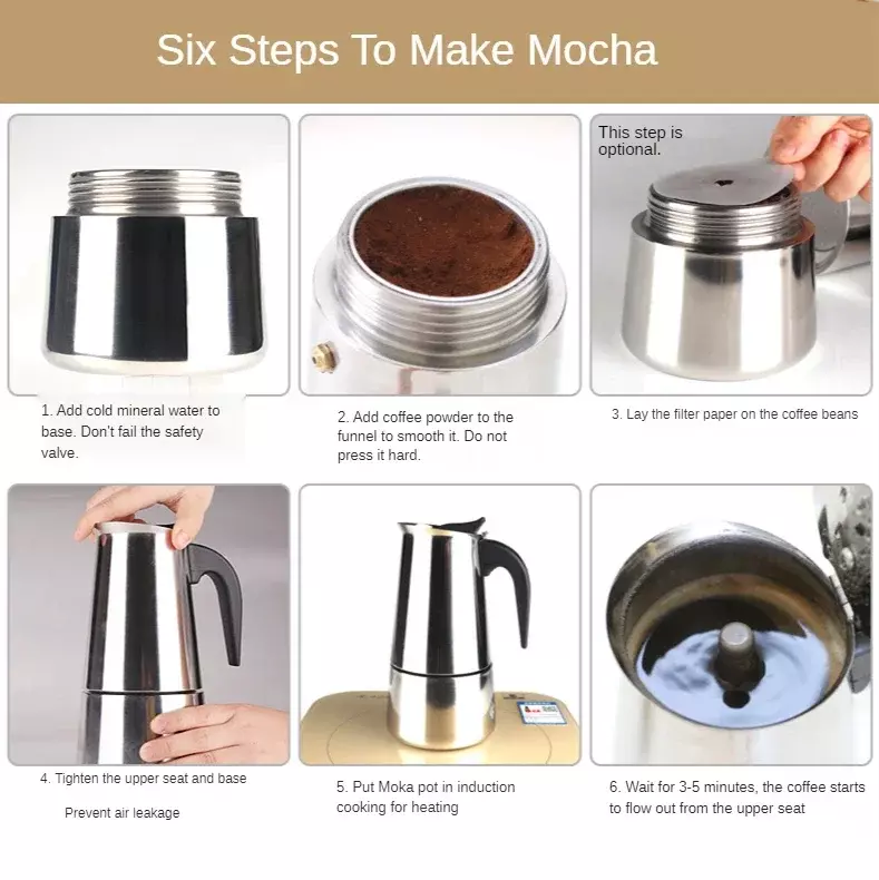 Cafetera Moka Express de acero inoxidable 4/6, máquina de Café Moka, estufa superior, 304 tazas