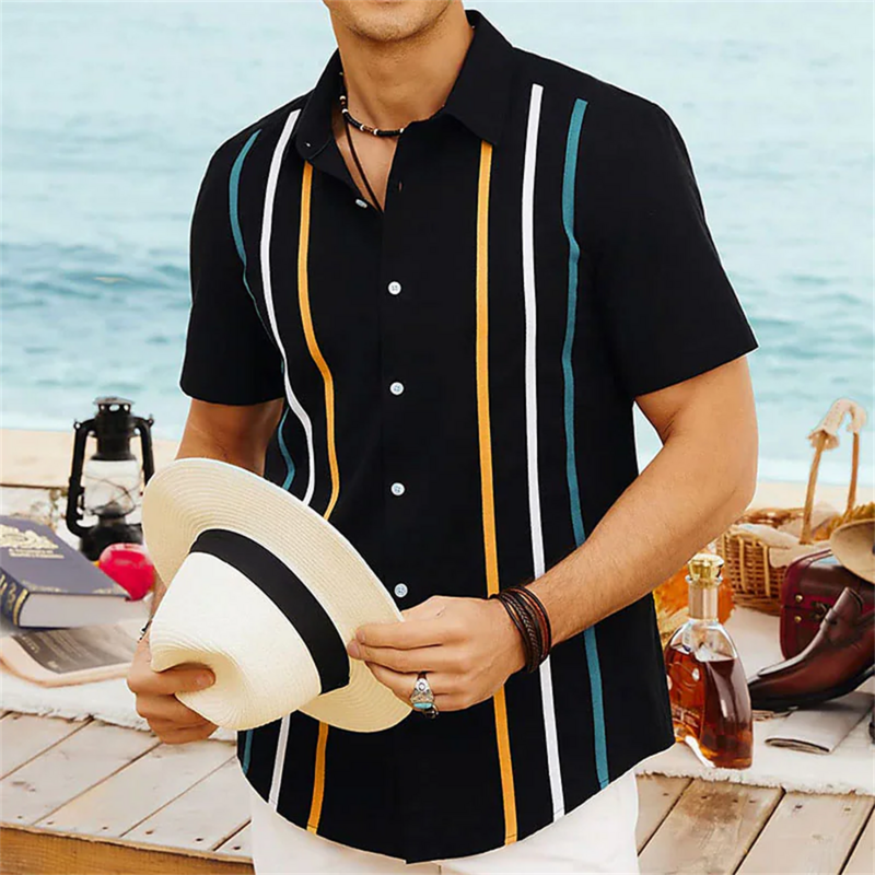 قمصان مخططة بأكمام قصيرة للرجال ، ملابس الشارع بأزرار طية صدر ، بلوزة هاواي الأساسية ، قمصان بوليستر كلاسيكية ، أزياء الصيف