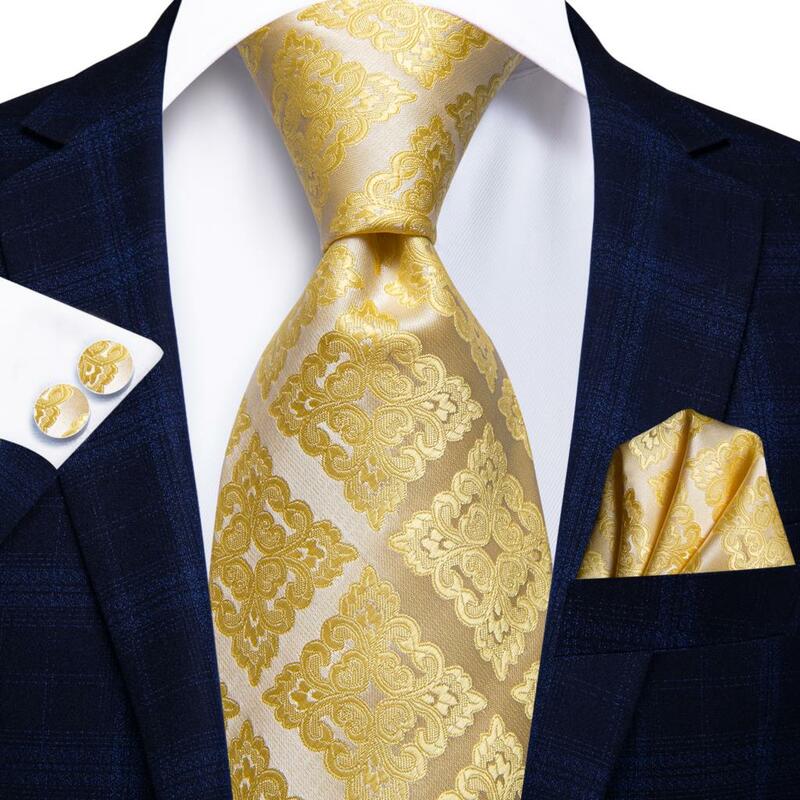 Hi-Tie Designer Yellow Gold Palid Paisley Silk Wedding Tie For Men Hanky Cufflink Gift Men Necktie Gravata Set Business Dropship
