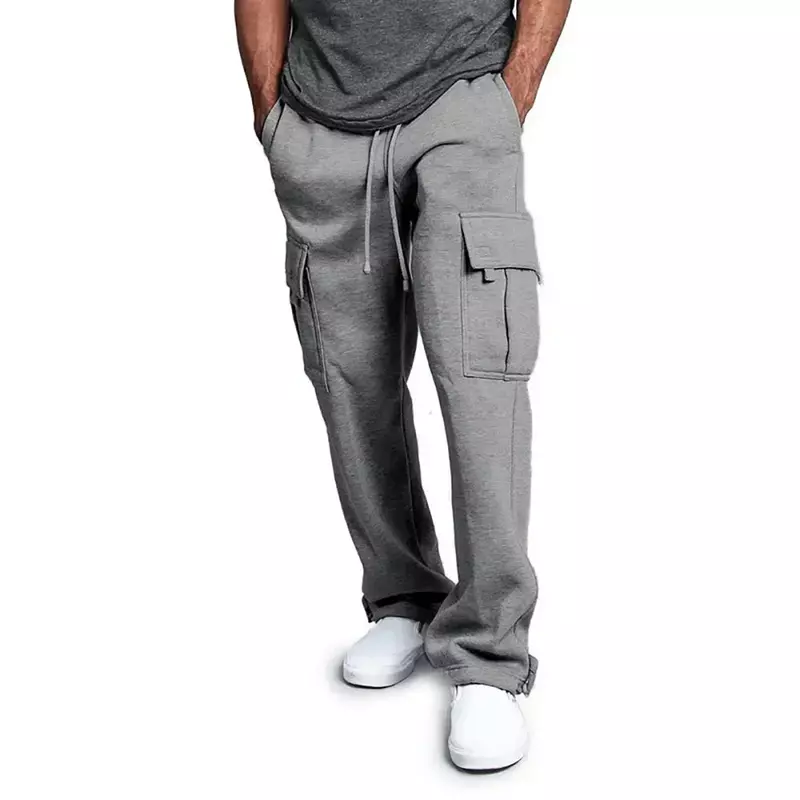Męskie spodnie dresowe z polarem w jednolitym kolorze spodnie Cargo z wieloma kieszeniami luźne spodnie z prostymi nogawkami męskie spodnie sportowe Streetwear