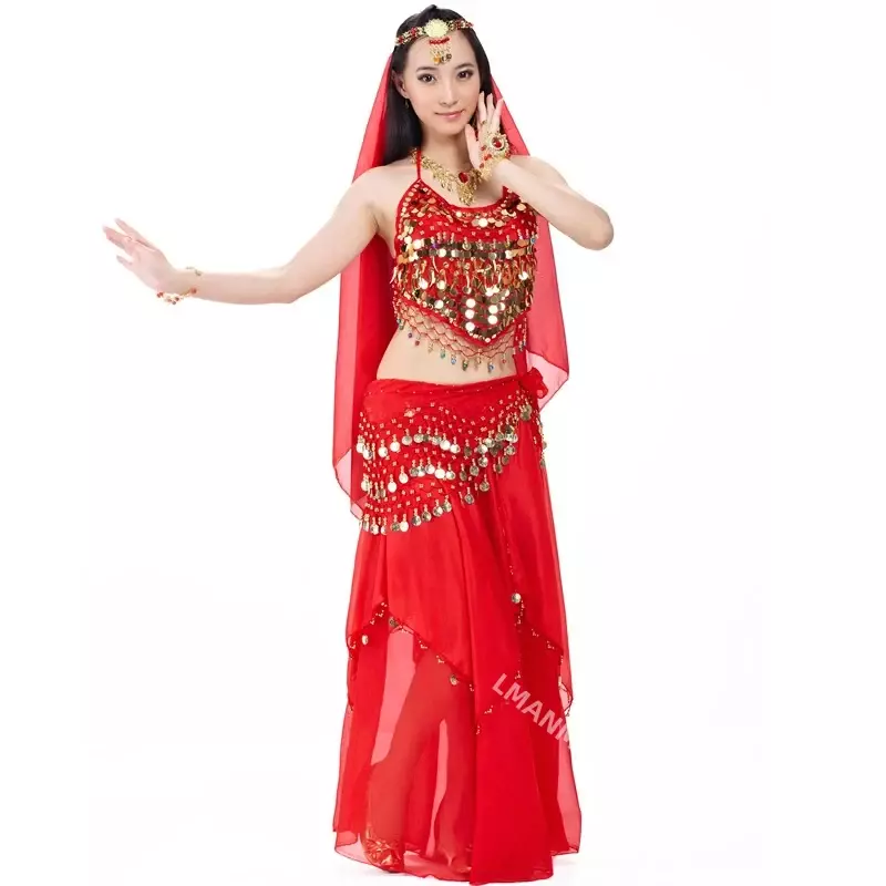 Costume indiano Set 4 pezzi velo di danza del ventre Top monete gonna sciarpa dell'anca Costume di danza del ventre donna