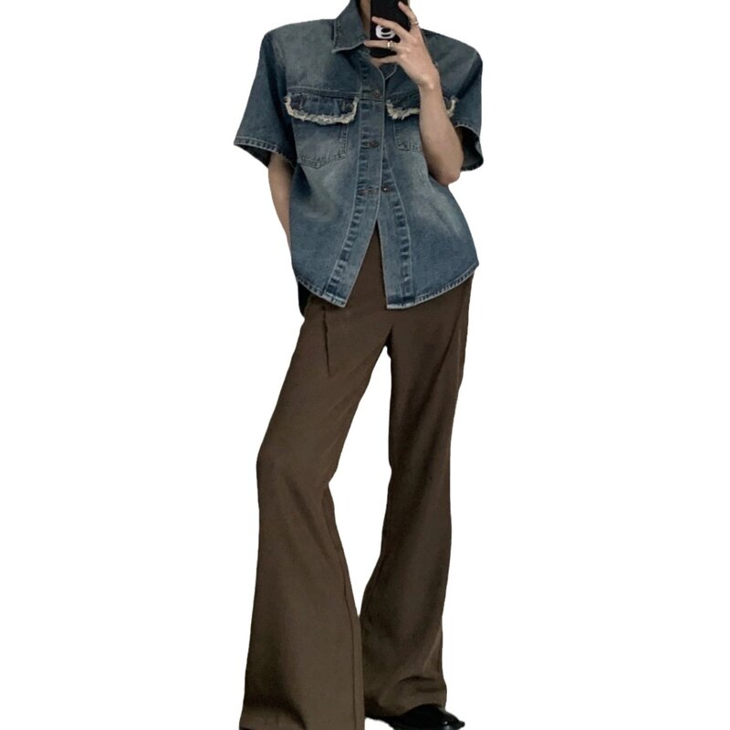Camisa jeans de manga curta masculina, casaco meia manga, roupas finas coreanas populares, tops da moda, camisas streetwear, camiseta luxuosa, verão, 2024