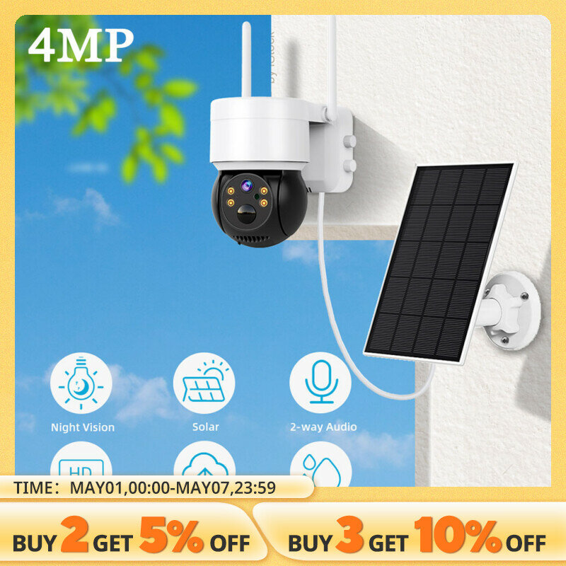 Cámara Solar con WIFI para exteriores, videocámara de seguridad inalámbrica de 4MP, HD, CCTV, impermeable, visión nocturna, PIR, detección humana, PTZ, con Panel Solar