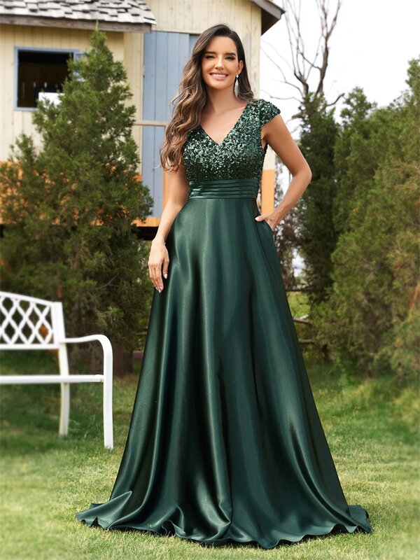 Lucyinlove gaun malam payet hijau elegan, gaun pesta Satin lengan pendek 2024 panjang mewah leher V, gaun koktail Prom