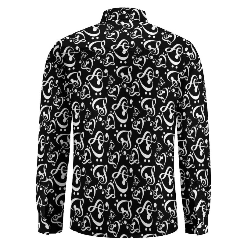 Повседневные рубашки с принтом сердец музыка заметки Мужская черная белая рубашка с длинным рукавом модные блузки Y2K весенняя одежда с принтом большого размера