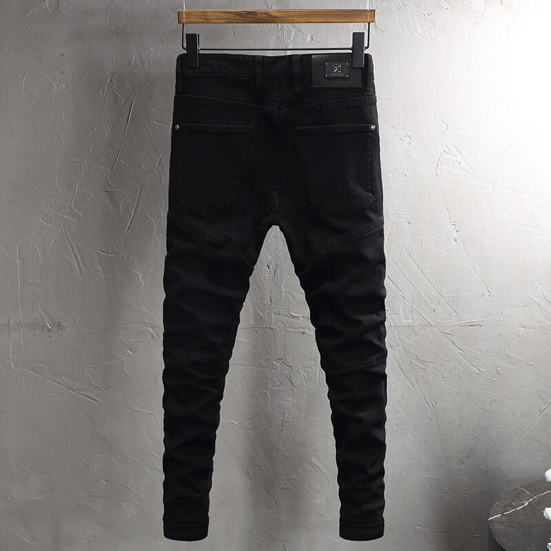 Moda uliczna modne dżinsy męskie wysokiej jakości czarny rozciągliwe dopasowanie Fit spleciony designerski jeansy dla motocyklistów Hip Hop spodnie dżinsowe Hombre