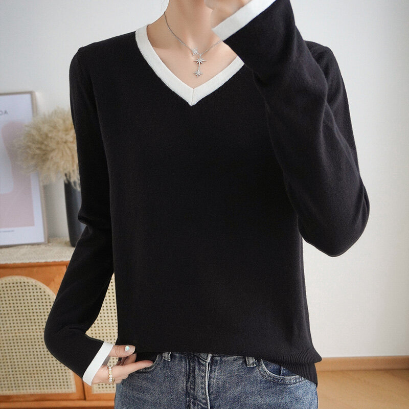 Kontrastowy sweter z okrągłym dekoltem z długimi rękawami damski 2022 wiosna lato nowy szczupły koreański wersja prosty dziki Plus rozmiar