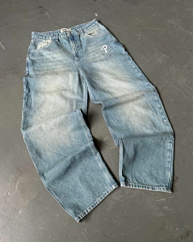 Harajuku Harajuku Protect Jeans Men Y2K styl Retro spodnie dżinsowe Streetwear luźne w stylu Casual wysoka talia spodnie z szerokimi nogawkami nowość
