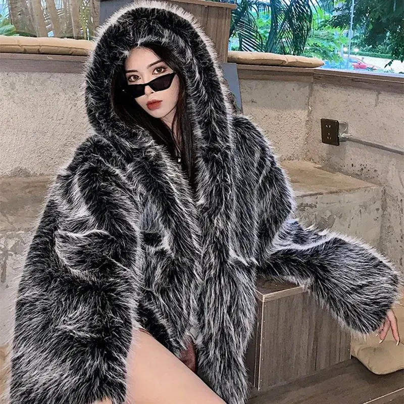 Abrigo de piel gruesa para mujer, abrigo largo de piel sintética con cuello de zorro para mantener el calor, novedad