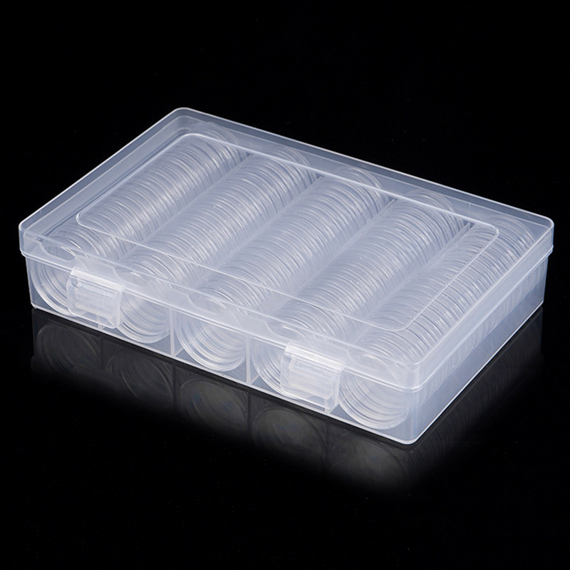 Cápsulas Redondas de Plástico para monedas, caja organizadora de almacenamiento para colección, 27mm, 100 unidades