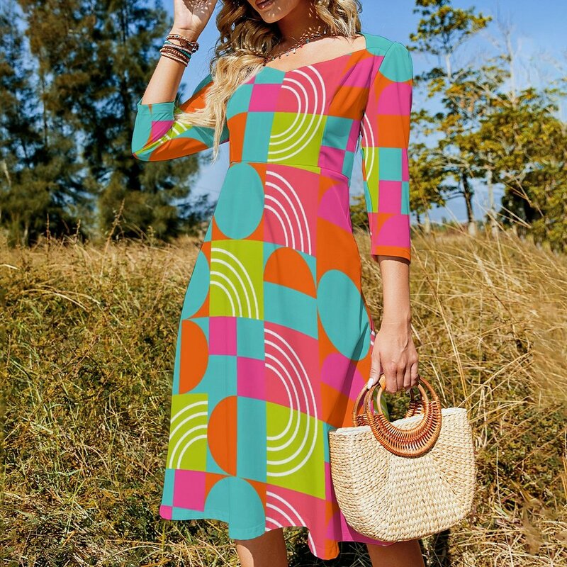 Helle Farbe Block Freizeit kleid weibliche geometrische stilvolle Kleider sexy elegante Kleid Muster Vestido große Größe