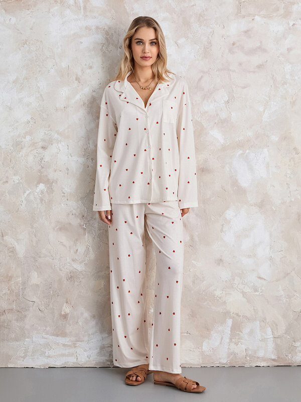 Vrouwen Fruit Print Pyjama Loungeset Y 2K Bloemen 2 Delige Casual Outfits Set Lange Mouw Button Down Shirt Wijde Pijpen Broek