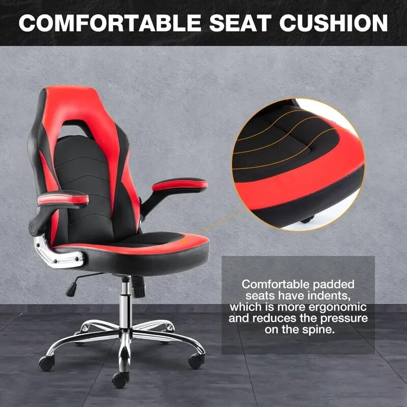 Silla ergonómica de oficina para juegos, escritorio y silla giratoria ejecutiva de cuero PU con reposabrazos abatibles y soporte Lumbar